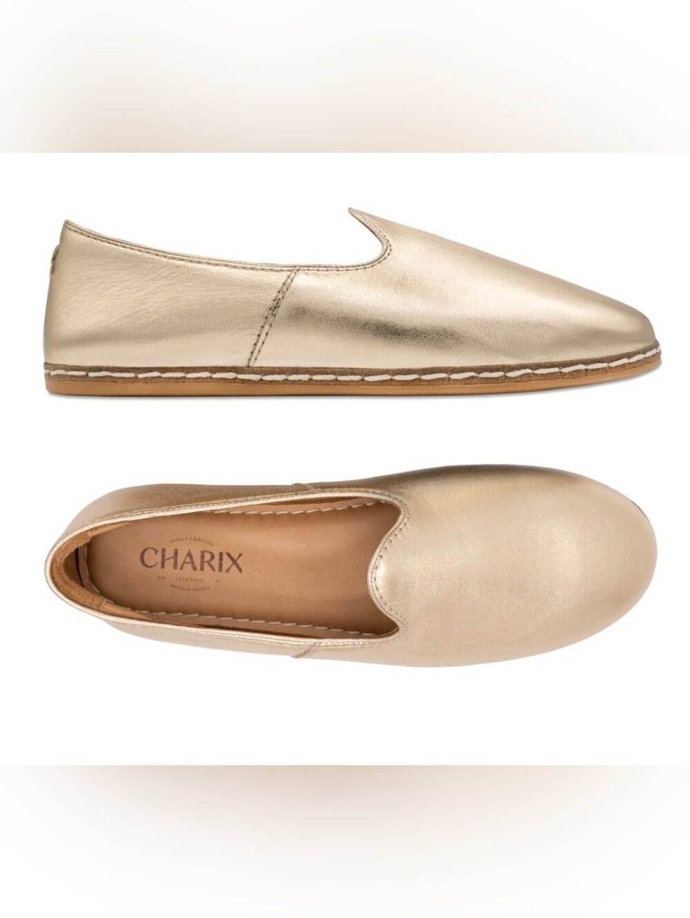 CHARIX Nubuck Women's Slip-On Metallic Gold Leather Slip-On Flats EU Size 38